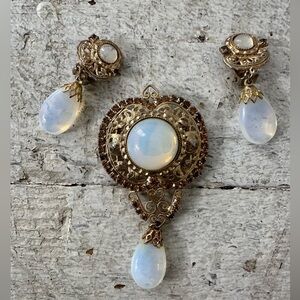 Vintage 1950s Filigree Glowing Moon Glass Earring And  Brooch Set